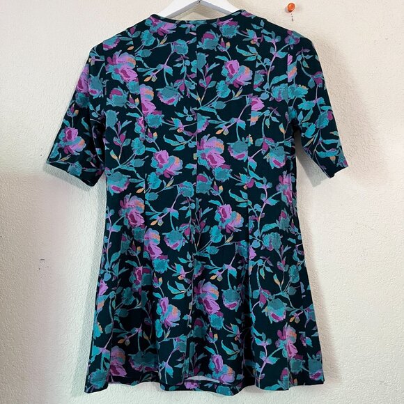 D&Co Denim Womens Floral Short Sleeve A-Line Tunic Top XS Teal Purple Stretchy - Picture 3 of 9